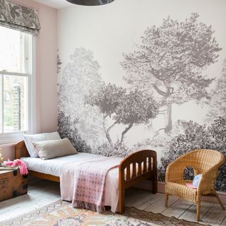 kids bedroom with tree wallpaper