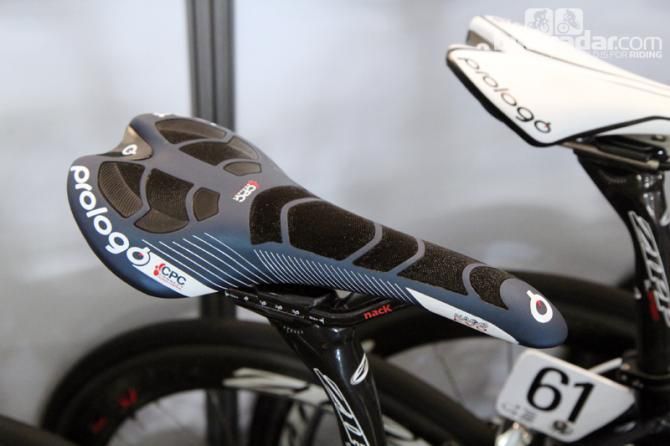 Saxo-Tinkoff rider Christopher Juul Jensen is using Prologo's new Nago Evo CPC saddle with carbon fiber rails.