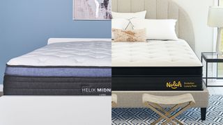 The Helix Midnight Luxe mattress on a bed frame (left) and the Nolah Evolution 15 mattress on a bed frame (right)