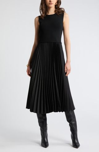 Pleated Mixed Media Midi Dress