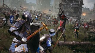 Two knights dressed in blue prepare to challenge a knight in red while other red teammates approach behind them. A siege tower stands in the background outside stone city walls.