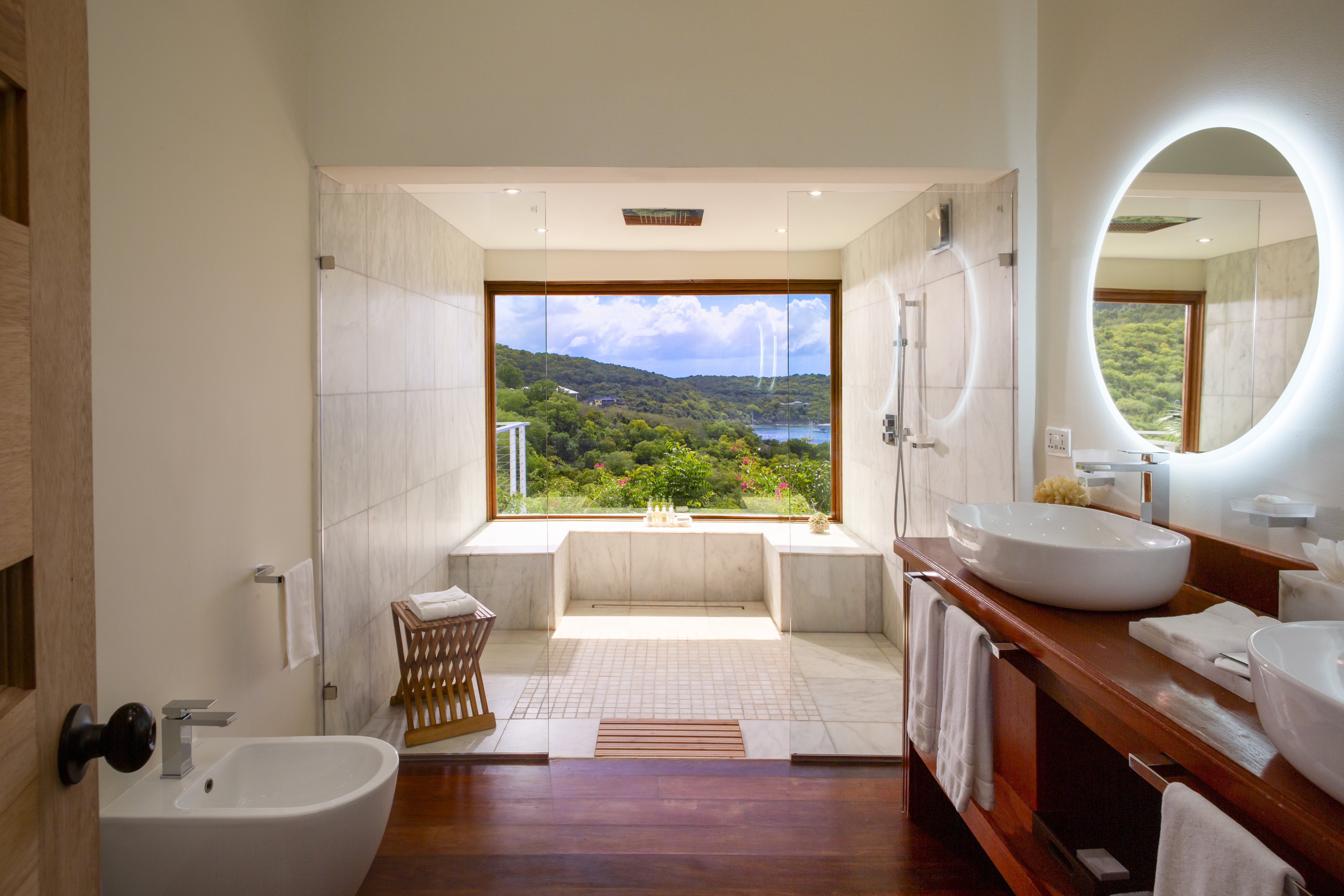 A view of Antigua from a bathroom at the Inn at English Harbour