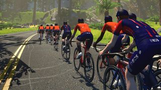 A line of Ineos Grenadiers rider avatars ride on Zwift
