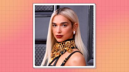 Dua Lipa with blonder hair, pictured wearing gold chain necklaces are her neck as she attends the 64th Annual GRAMMY Awards at MGM Grand Garden Arena on April 03, 2022 in Las Vegas, Nevada/ in a pink and orange check template