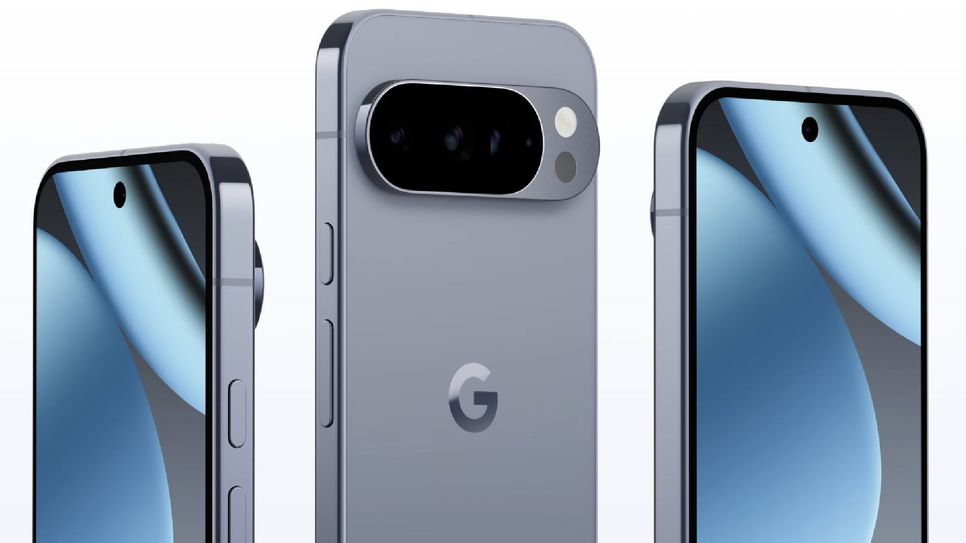 Pixel 10 phone viewed from three angles