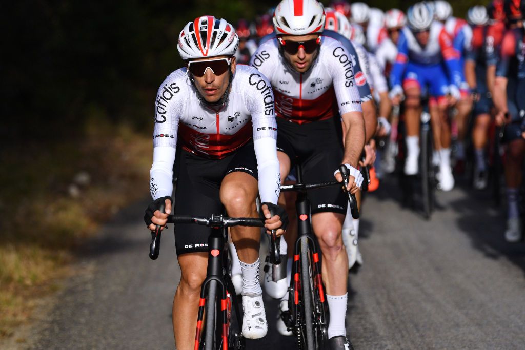 GARD FRANCE FEBRUARY 05 Jose Herrada Lopez of Spain and Team Cofidis leads the peloton during the 52nd toile De Bessges Tour Du Gard 2022 Stage 4 a 145km stage from Saint Hilaire de Brethmas to Mont Bouqueton 617m EDB2022 February 05 2022 in Gard France Photo by Luc ClaessenGetty Images