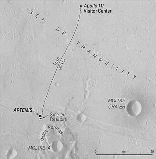 The moon base Artemis is located near its smelter and reactors, 40 km away from the Apollo 11 landing site and tourist visitor center.