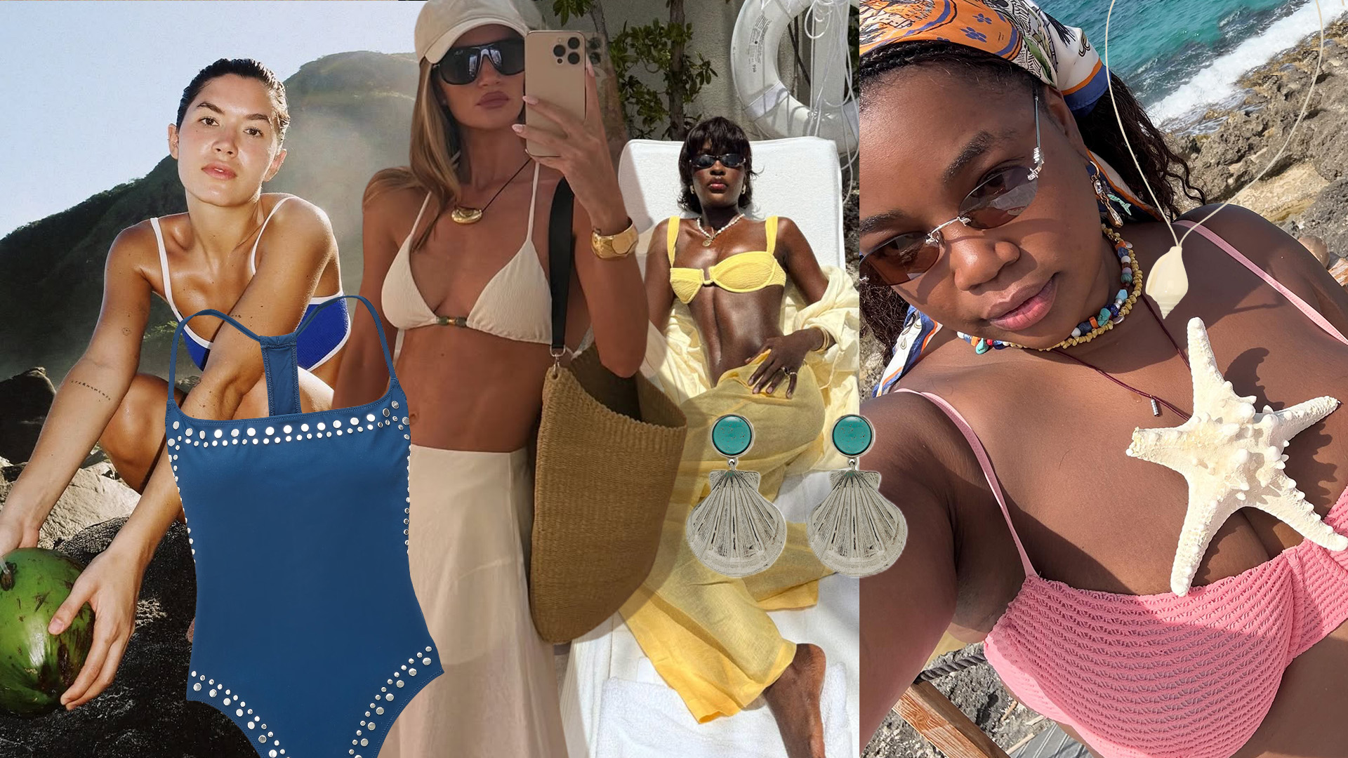 swimsuit trends for 2026 as a collage with multiple women posing in different variations of swimsuits from one-pieces to bikinis 