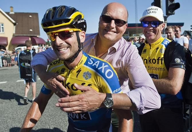 Manuele Boaro (Tinkoff-Saxo) with a very happy team manager Bjarne Riis