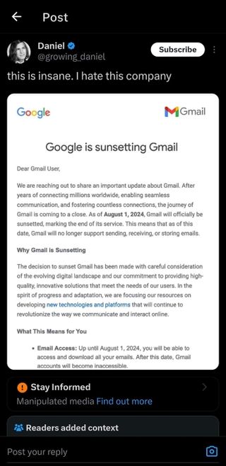 Screenshot of viral Gmail hoax