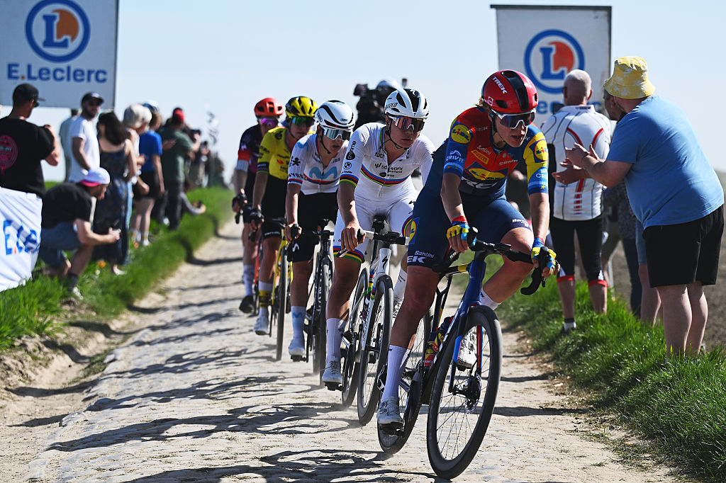 ROUBAIX, FRANCE - APRIL 12: Lotte Kopecky of Belgium and Team SD Worx-Protime competes in the breakaway during the 5th Paris-Roubaix Femmes 2025 a 148.5km one day race from Denain to Roubaix / #UCIWT / on April 12, 2025 in Roubaix, France. (Photo by Luc Claessen/Getty Images)