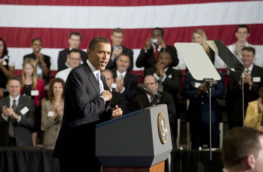 U.S. President Barack Obama speaking at NASA Kennedy Space Center.