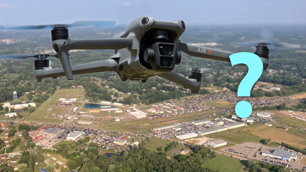 Composite of a DJI Air 3 drone over Butler Farm where Donald Trump held rally