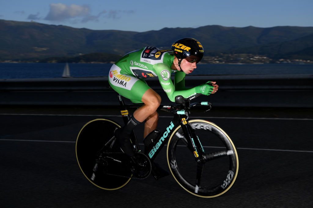 MIRADOR DE ZARO DUMBRA SPAIN NOVEMBER 03 Primoz Roglic of Slovenia and Team Jumbo Visma Green Points Jersey during the 75th Tour of Spain 2020 Stage 13 a 337km Individual Time Trial stage from Muros to Mirador de zaro Dumbra 278m ITT lavuelta LaVuelta20 La Vuelta on November 03 2020 in Mirador de zaro Dumbra Spain Photo by Justin SetterfieldGetty Images