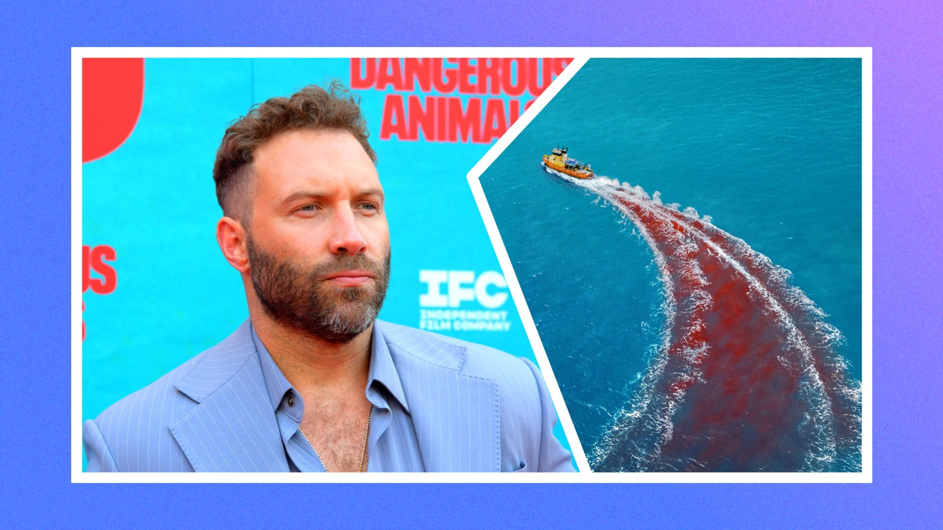 Actor Jai Courtney at the premiere of his film Dangerous Animals, alongside its poster.