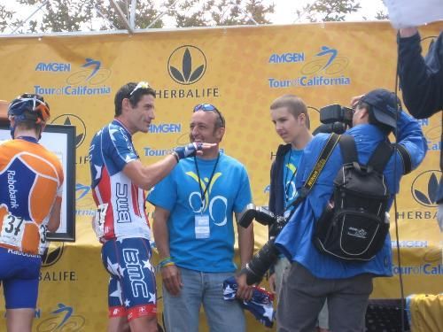George Hincapie speaks with Roy Knickman and Andreas Knickman (l-r) at the Amgen Tour of California.