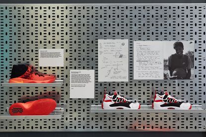 Installation view of performance section of ‘Sneakers Unboxed: Studio to Street’, featuring Nike Kyrie 2 and Nike Air Swoopes II.