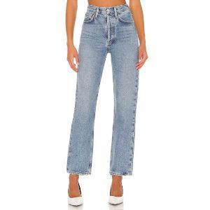 blue high-waisted jeans