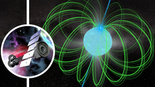 (Main) an illustration of an erupting magnetar (inset) NASA's IXPE X-ray telescope