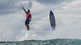 Brazil's Gabriel Medina reacts after getting a large wave in the 5th heat of the men's surfing round 3, during the Paris 2024 Olympic Games, in Teahupo'o, on the French Polynesian Island of Tahiti, on July 29, 2024. 