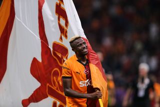 Victor Osimhen of Galatasaray celebrates victory during the Turkish Super big match between Galatasaray and Rizespor at Rams Park Stadium on September 14, 2024 in Istanbul, Turkey. Chelsea target