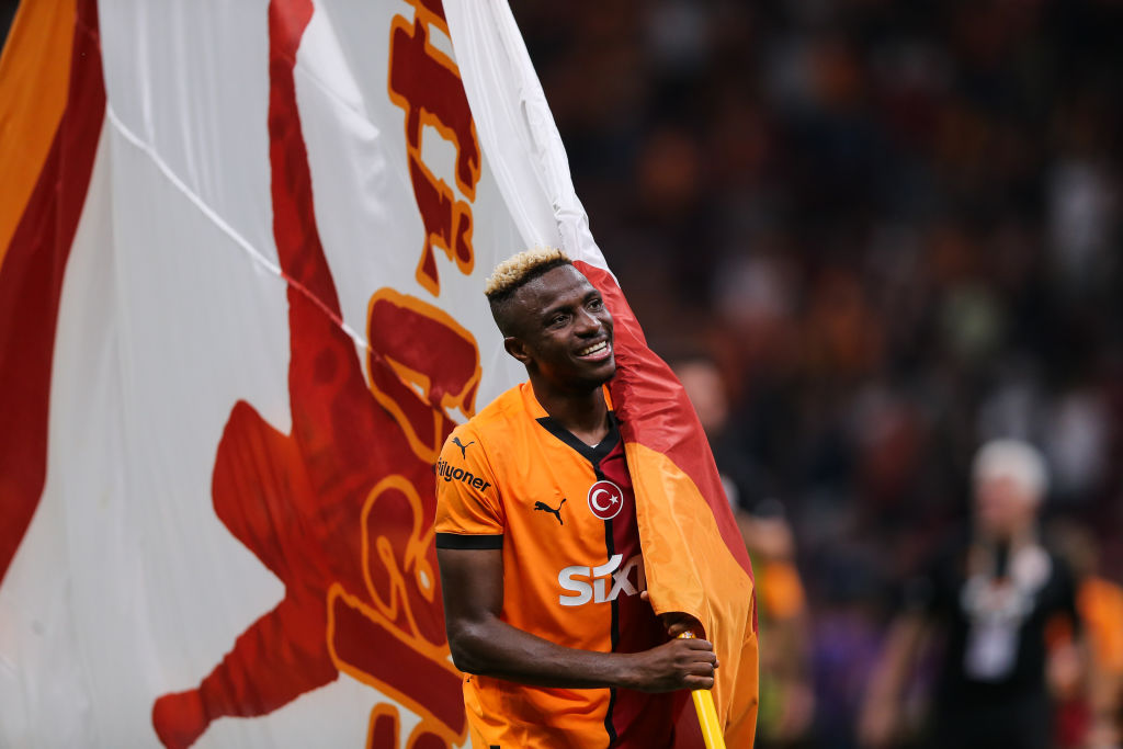 Victor Osimhen of Galatasaray celebrates victory during the Turkish Super big match between Galatasaray and Rizespor at Rams Park Stadium on September 14, 2024 in Istanbul, Turkey. Chelsea target