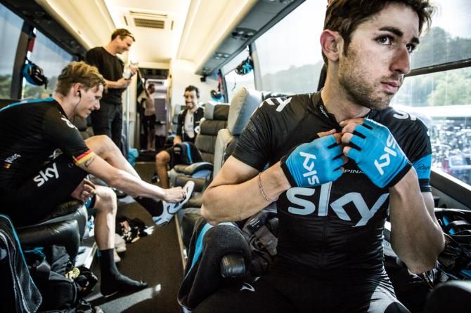 Dario Cataldo and his teammates after a stage of the Giro