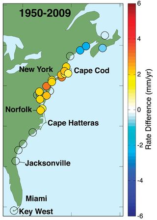 Increasingly red circles indicated locations where increases in sea level have been largest from 1950 to 2009. Researchers found a 'hotspot' of increased rates of sea-level rise from north of Boston, Mass., south to Cape Hatteras, N.C.