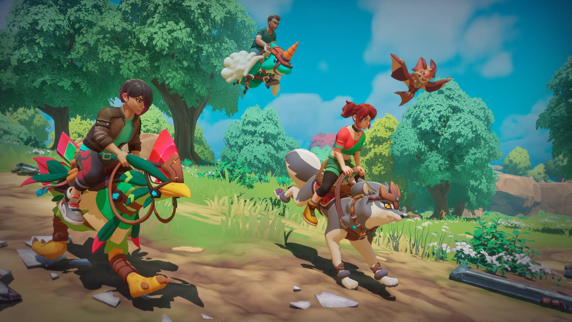 Temtem: Pioneers screenshot shows players riding around on Temtem.