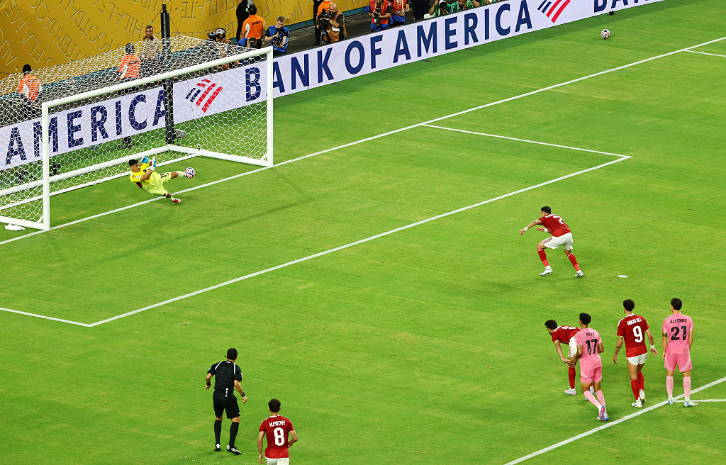 Oscar Ustari #19 of Inter Miami CF saves a penalty kick from Trezeguet #7 of Al Ahly FC during the FIFA Club World Cup 2025 group A match between Al Ahly FC and Internacional CF Miami at Hard Rock Stadium on June 14, 2025 in Miami Gardens, Florida.