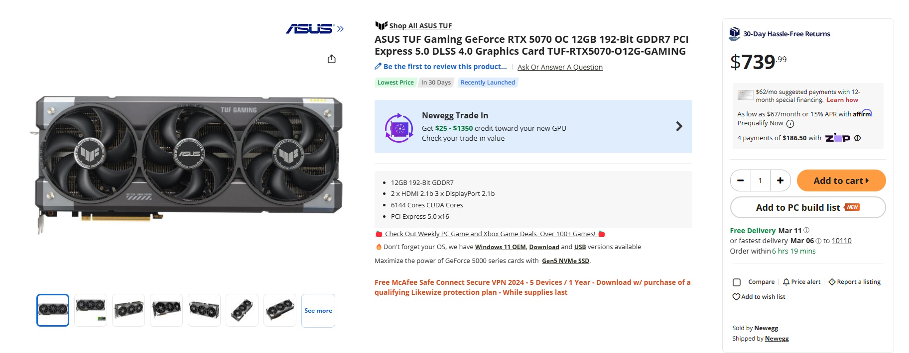 Asus TUF Gaming RTX 5070 OC at Newegg in stock