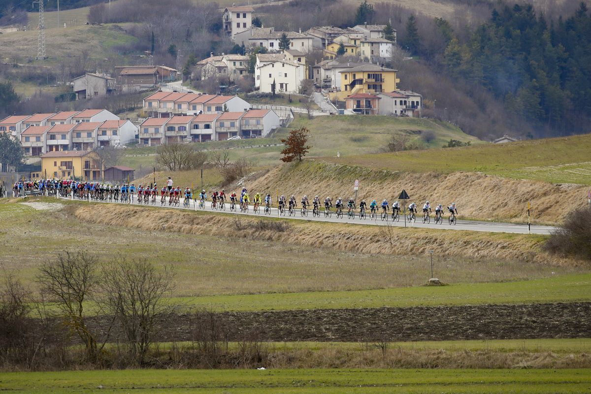 The peloton strings out