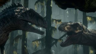 A showdown between an aggressive giganotosaurus and tyrannosaurus rex (both roaring at each other). In the background there is a tropical forest.