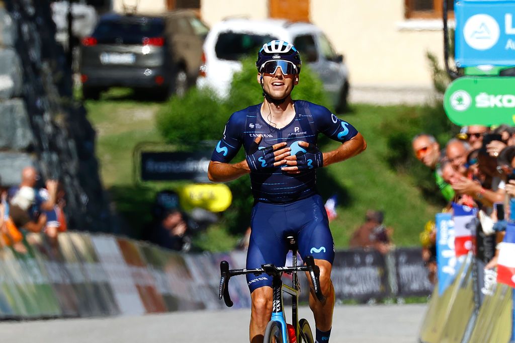 VAUJANY FRANCE JUNE 11 Carlos Verona Quintanilla of Spain and Movistar Team celebrates at finish line as stage winner during the 74th Criterium du Dauphine 2022 Stage 7 a 1348km stage from SaintChaffrey to Vaujany 1230m WorldTour Dauphin on June 11 2022 in Vaujany France Photo by Luca Bettini PoolGetty Images
