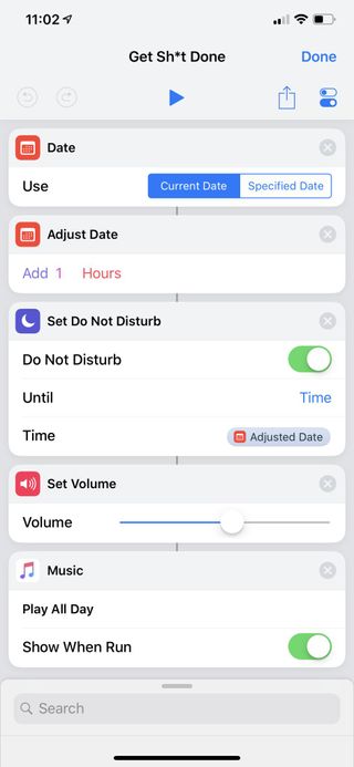 Screenshot of Shortcuts showing Date, Adjust Date set to Add 1 Hour, and Do Not Disturb set until the time of the adjusted date. Then there is Ser Volume around 60 and a Siri Suggestion from music set to play All Day by Girl Talk
