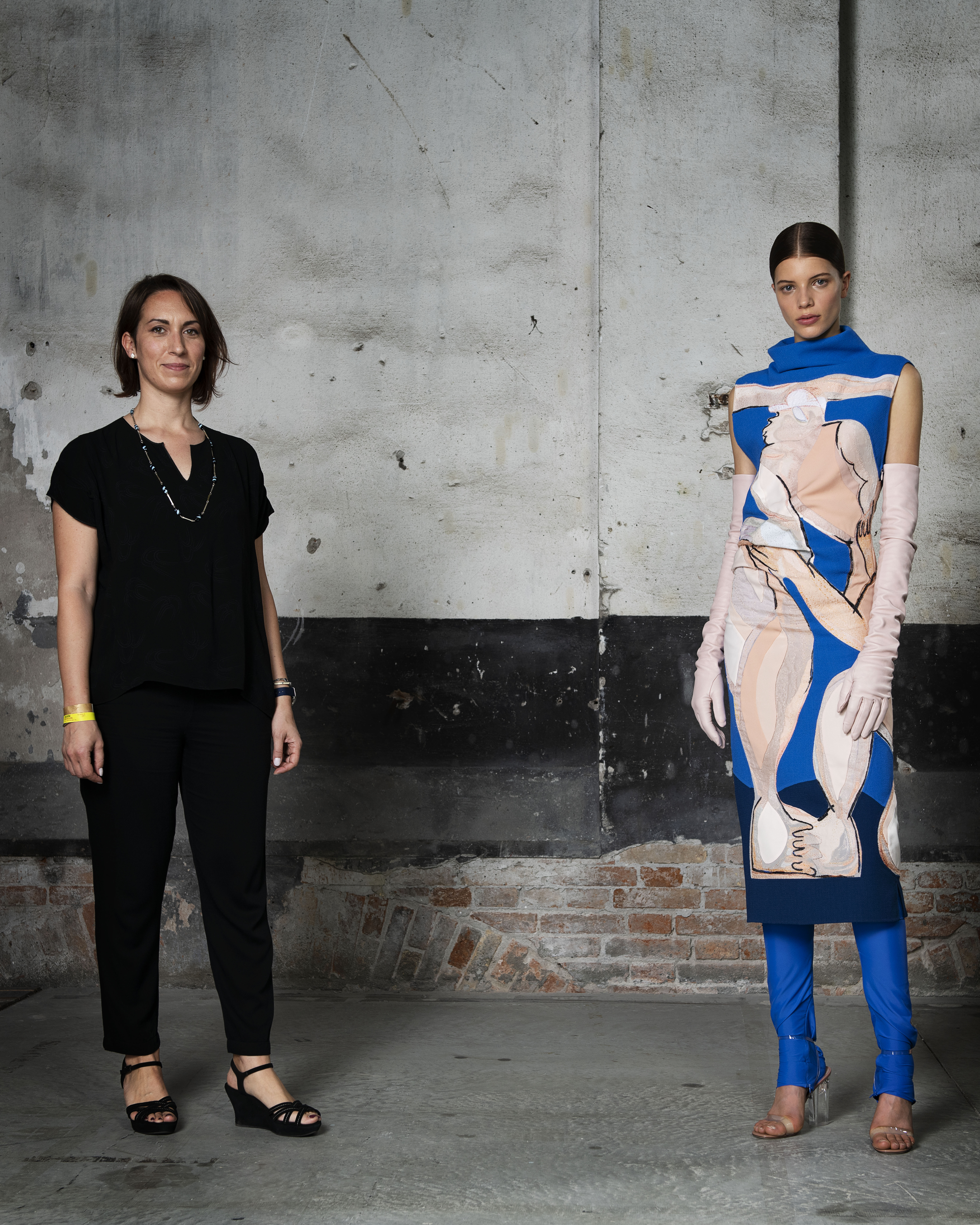 Model posing in different patterned outfits