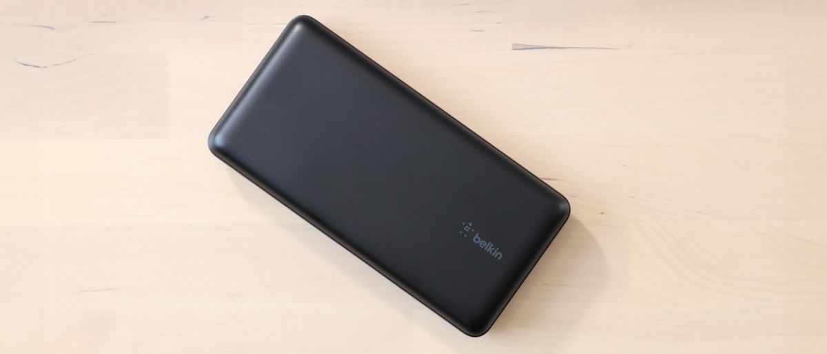 Belkin BoostCharge Power Bank 20K on a wooden surface