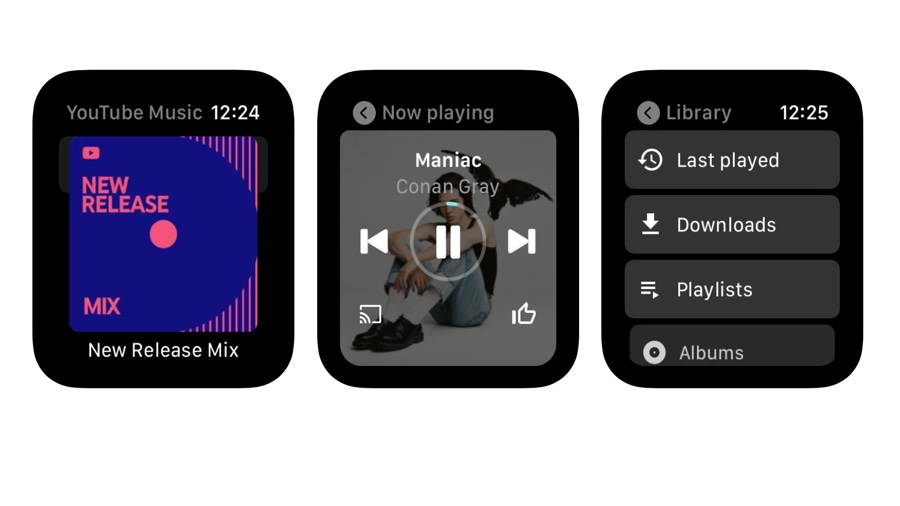 Screenshots showing YouTube Music on Apple Watch