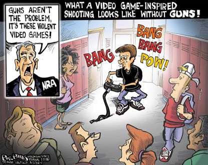 Political cartoon US NRA gun violence video games school shootings