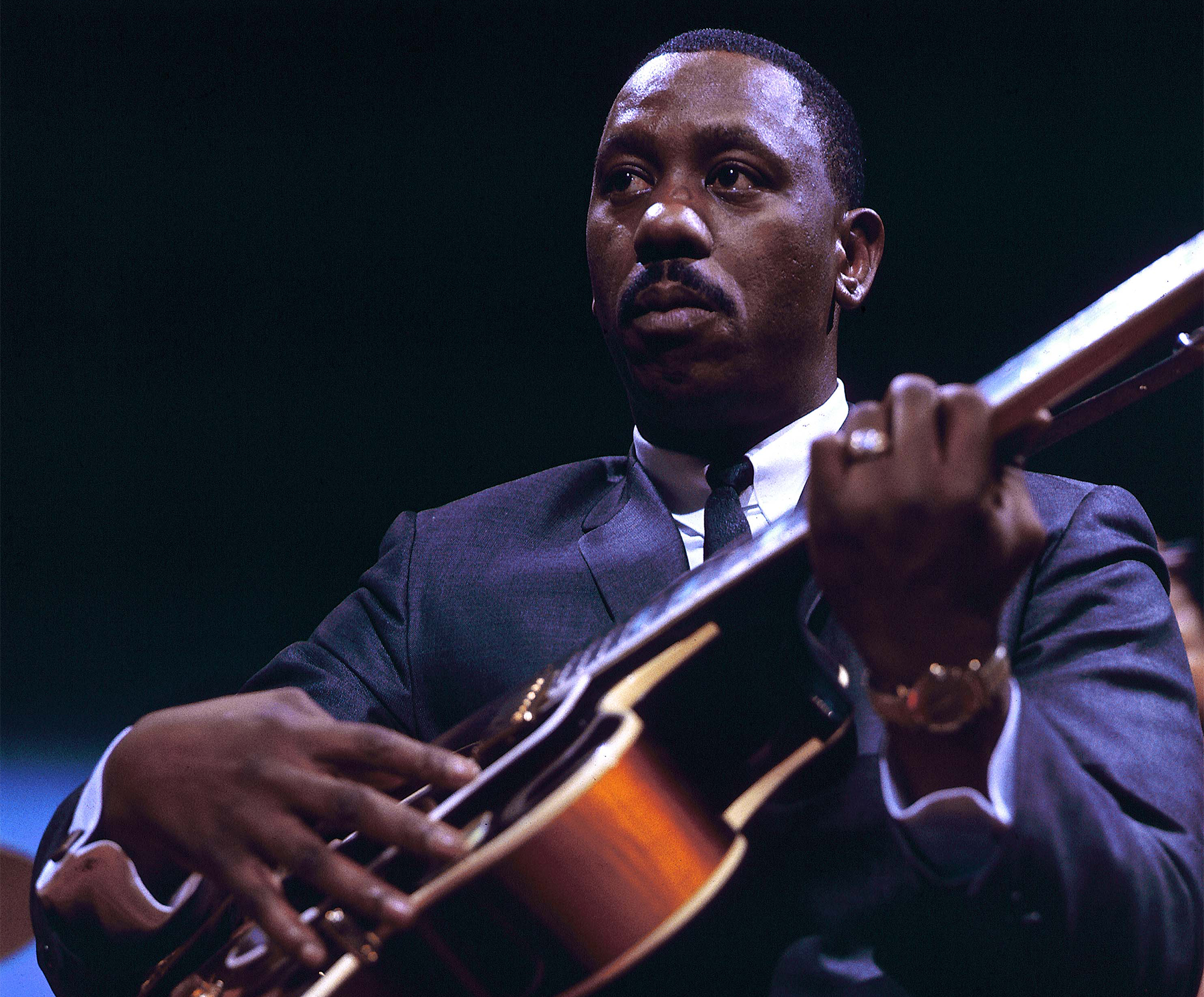 American jazz guitarist Wes Montgomery (1923-1968) performs with his quartet on the BBC Television series &#039;Jazz 625&#039; at Television Centre in London 25th March 1965.