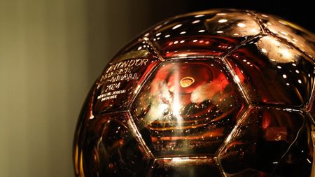 This photograph shows the trophy after Manchester City's Spanish midfielder Rodri kissed it as he wins the Ballon d'Or award during the 2024 Ballon d'Or France Football award ceremony