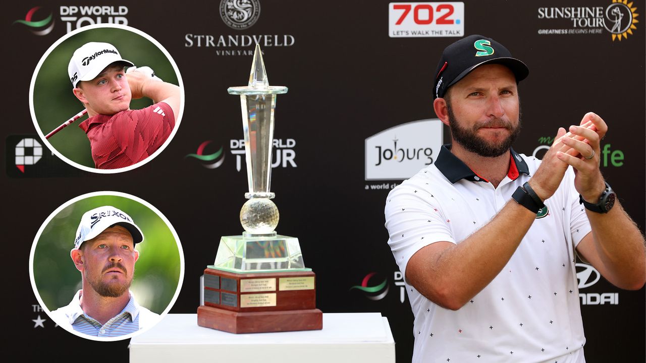 Main image of Dean Burmester clapping next to the Joburg Open trophy with inset photos of Jayden Schaper (top left) and Jacques Kruyswijk (bottom right)