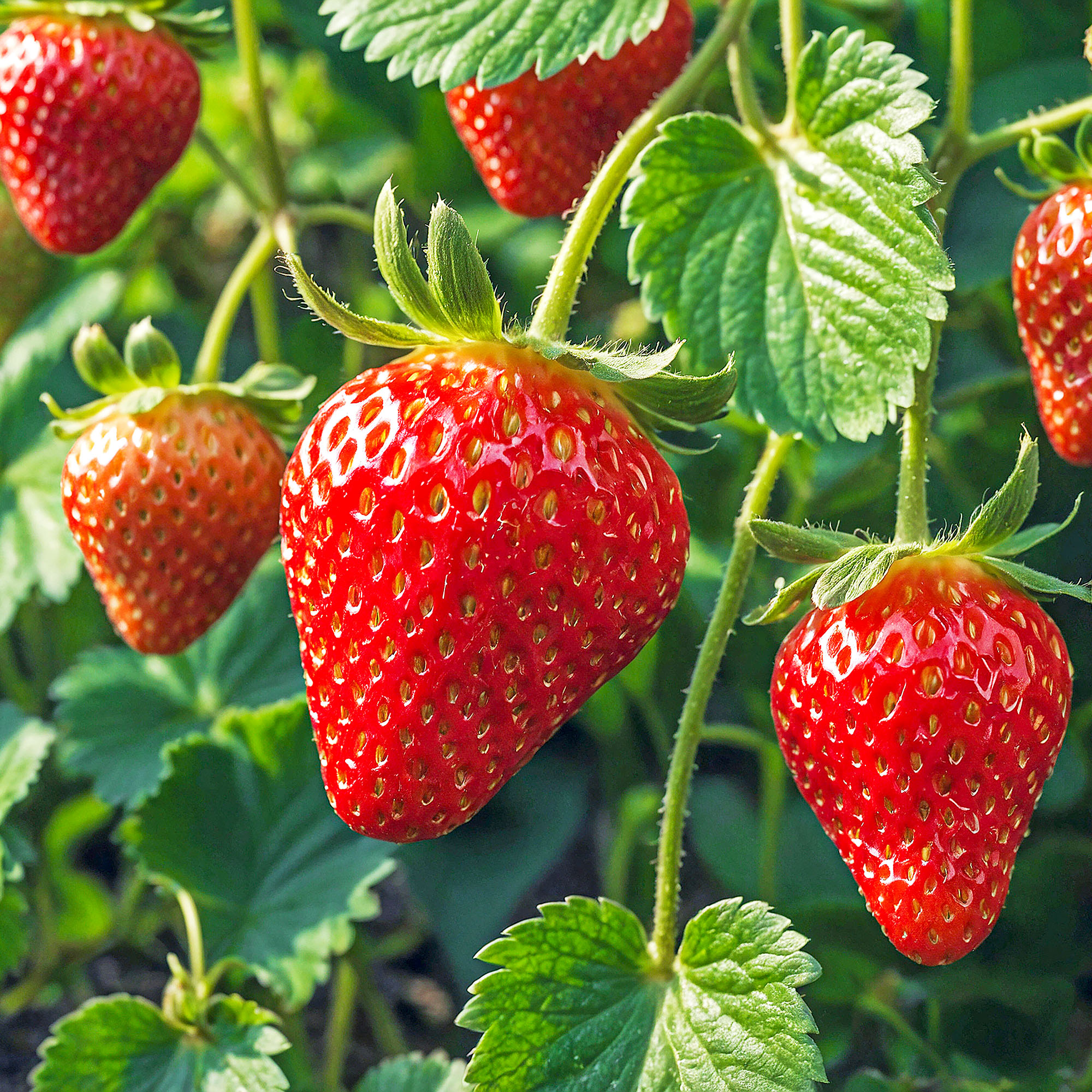 Fresh ripe strawberries hanging on vines in sunny garden