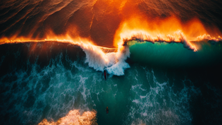 Drone shot of a beach at sunrise with waves crashing around two surfers