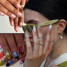 A collage of manicures trending in Europe by celebrity British and Italian nail artists.