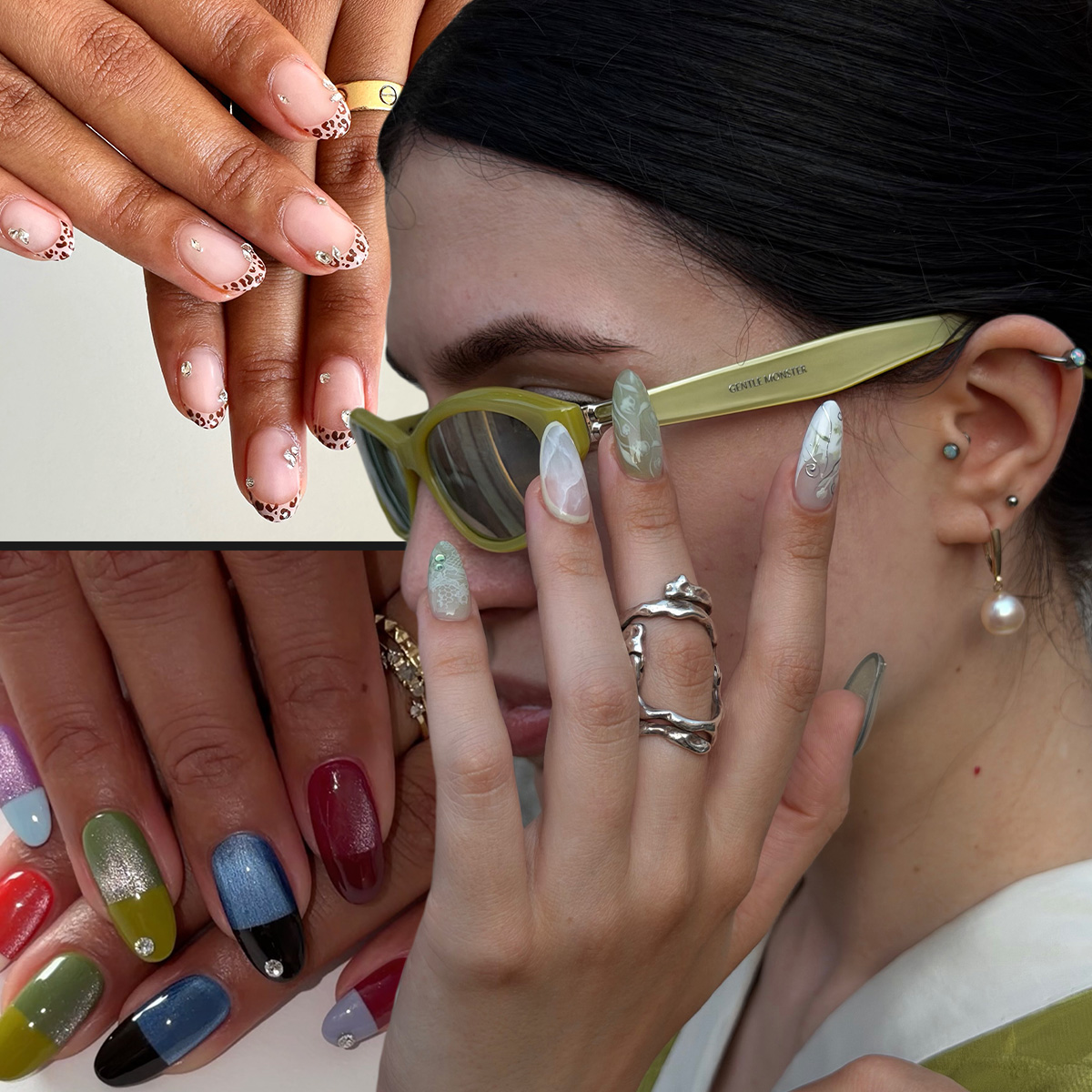 A collage of manicures trending in Europe by celebrity British and Italian nail artists.