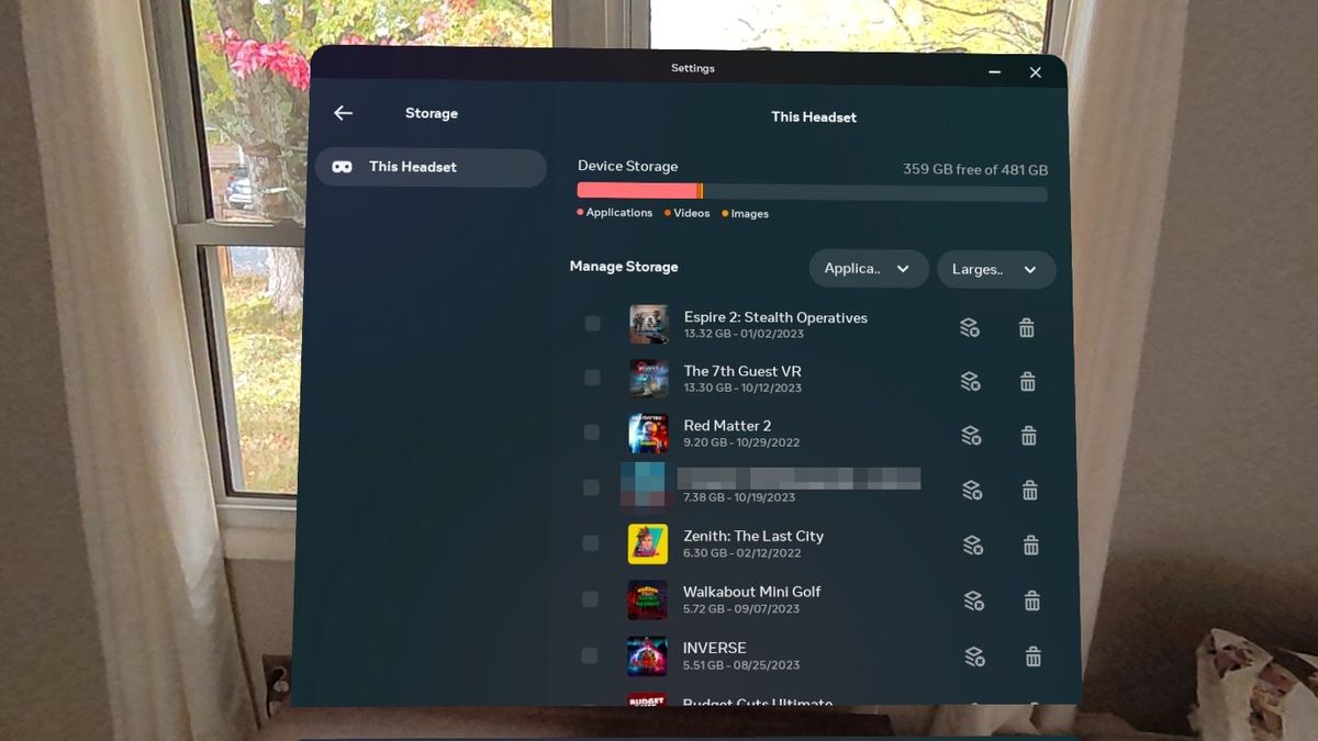 The Meta Quest 3 storage summary page showing how much space is currently taken up by which games. There is currently 359GB left out of 481GB.