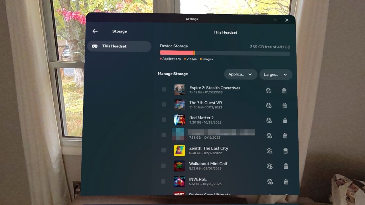 The Meta Quest 3 storage summary page showing how much space is currently taken up by which games. There is currently 359GB left out of 481GB.