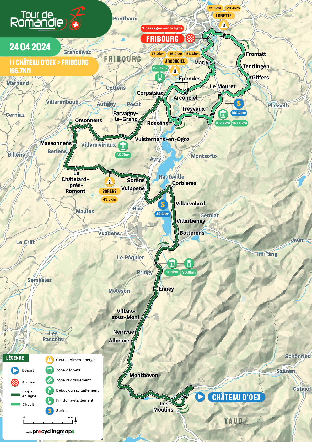 Stage 1 map of 2024 Tour de Romandie