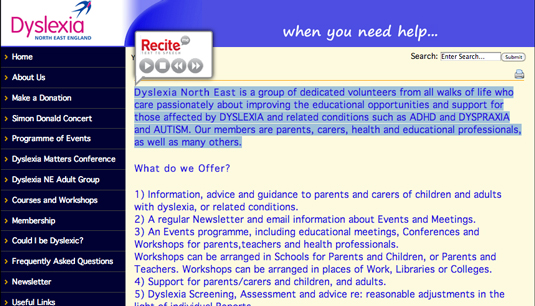 dyslexianortheast.org offers text to speech technology to help dyslexic visitors